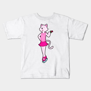 Cat at Ice skating with Flower Kids T-Shirt